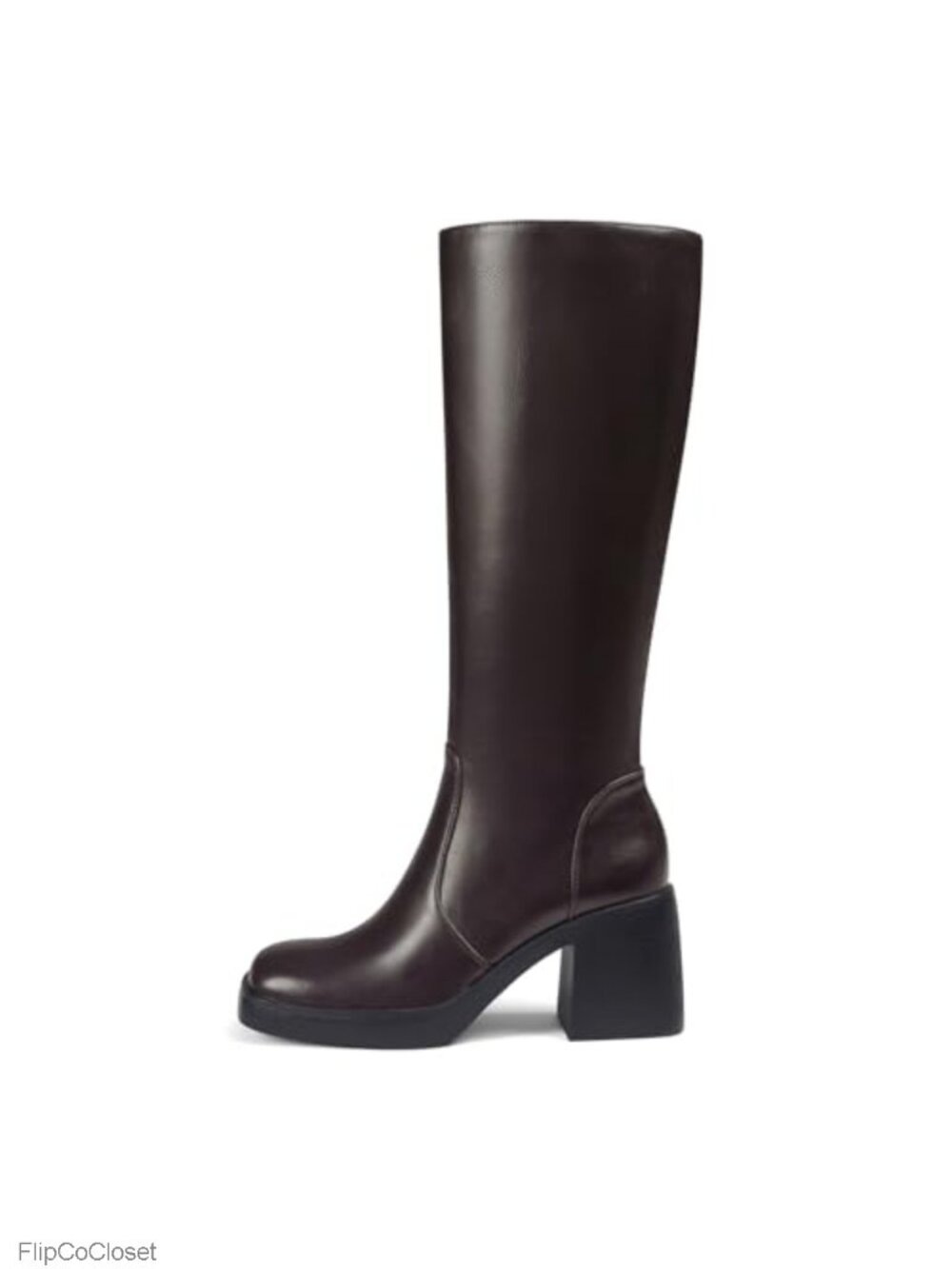Square Toe Knee High Platform Boots Faux Leather Tall Side Zip Chunky Heel